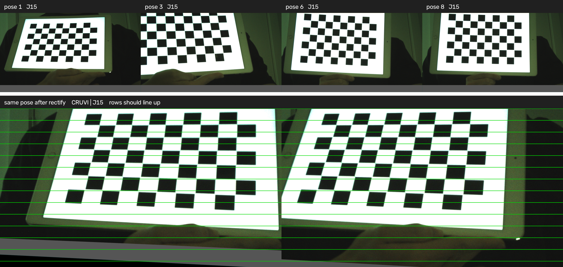Checkerboard poses and the same pose after stereo rectify
