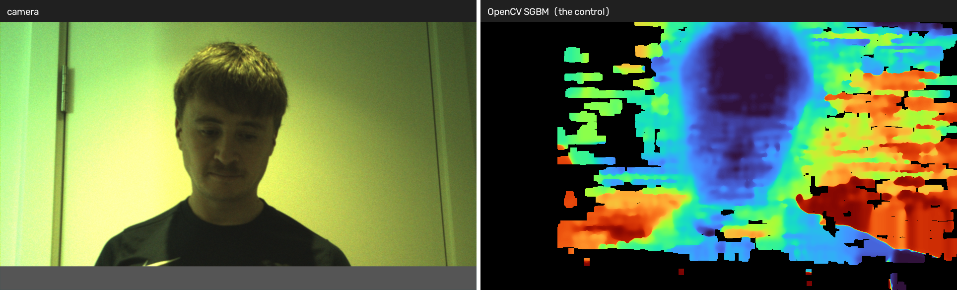 Camera frame beside the OpenCV SGBM control heatmap